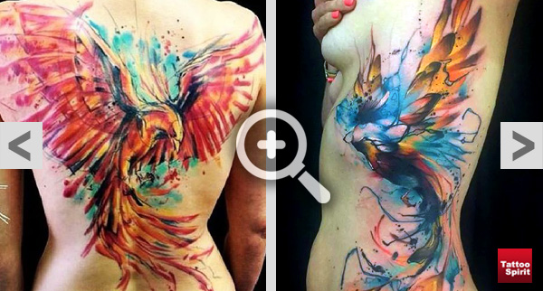 Viele Farbenfrohe Aquarell Feuervogel Tattoo Spirit